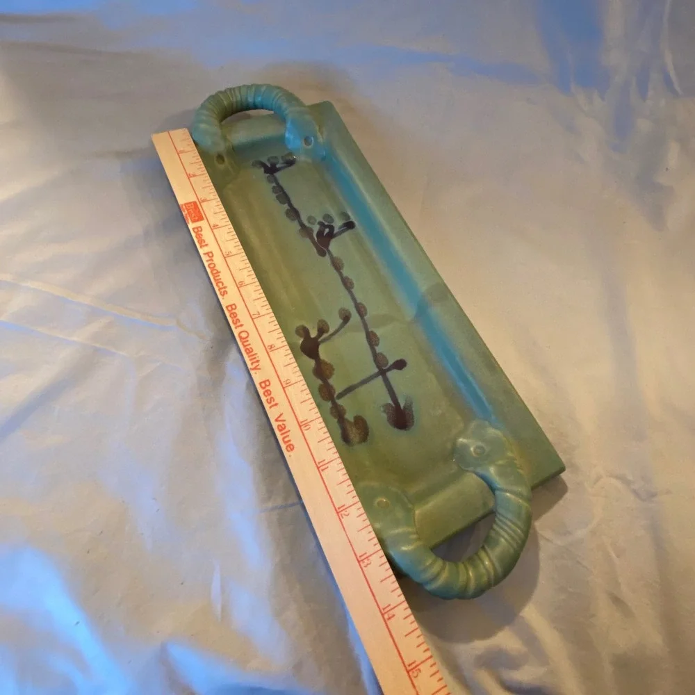 Jan Sadowski Pottery Serving Tray Dish Green Ceramic Handles Decorative‎ Art
